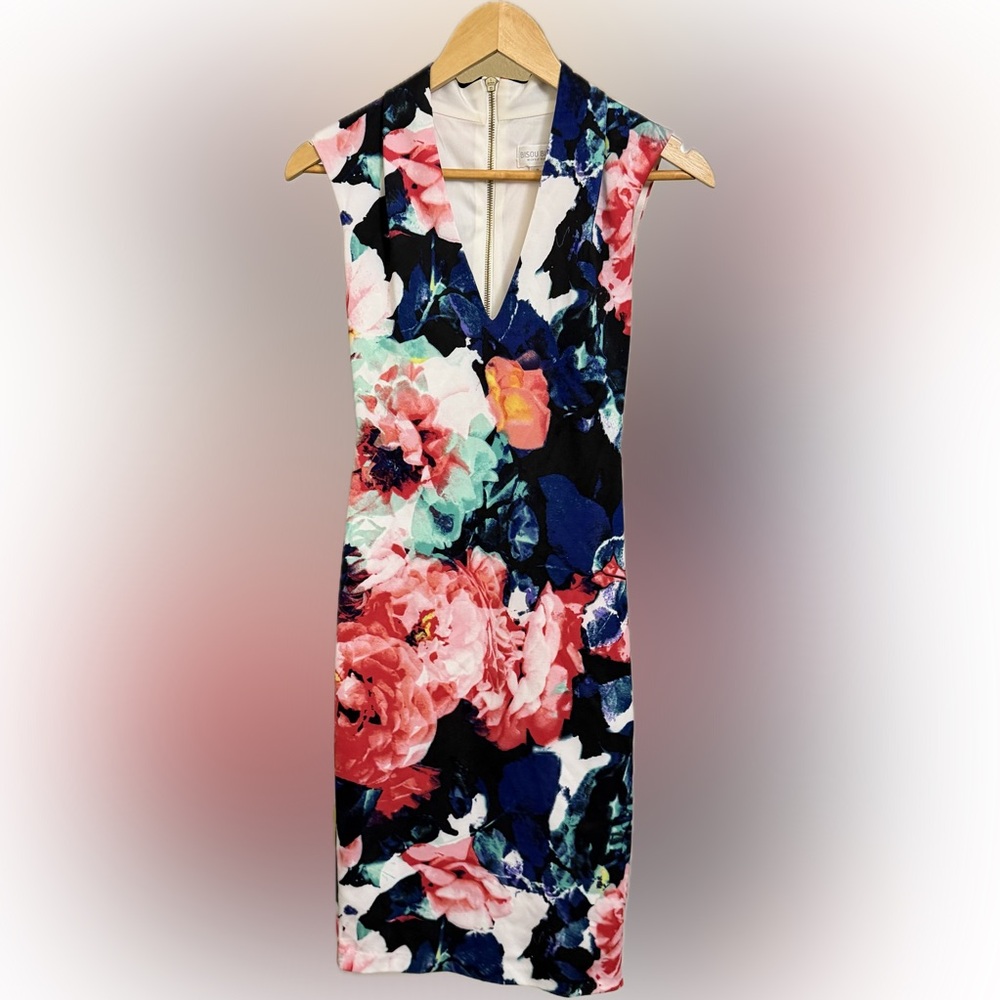 Bisou Bisou Dress Tropical Floral V Neck  Sleeveless Scuba Sheath Dress Sz 2